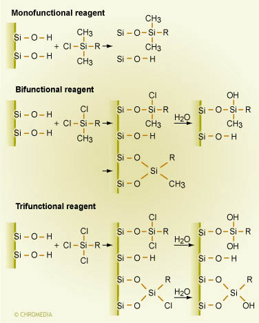 Silica surface modification (1) with mono, di, and trifunctional chlorosilanes under dry conditions